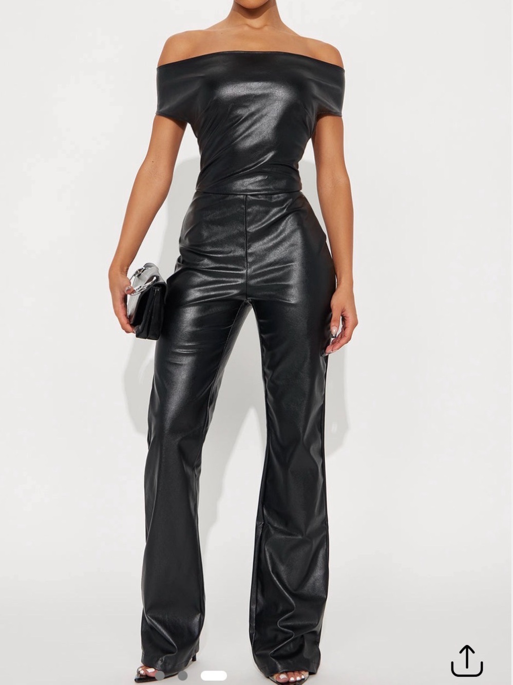 Fashion Nova Black Off-The-Shoulder Faux Leather Wide-Leg Jumpsuit